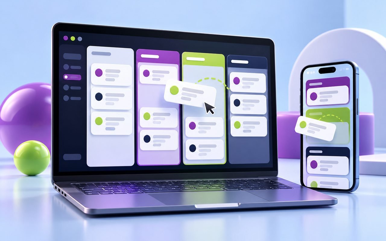 A laptop and phone showing a CRM pipeline board of installer leads