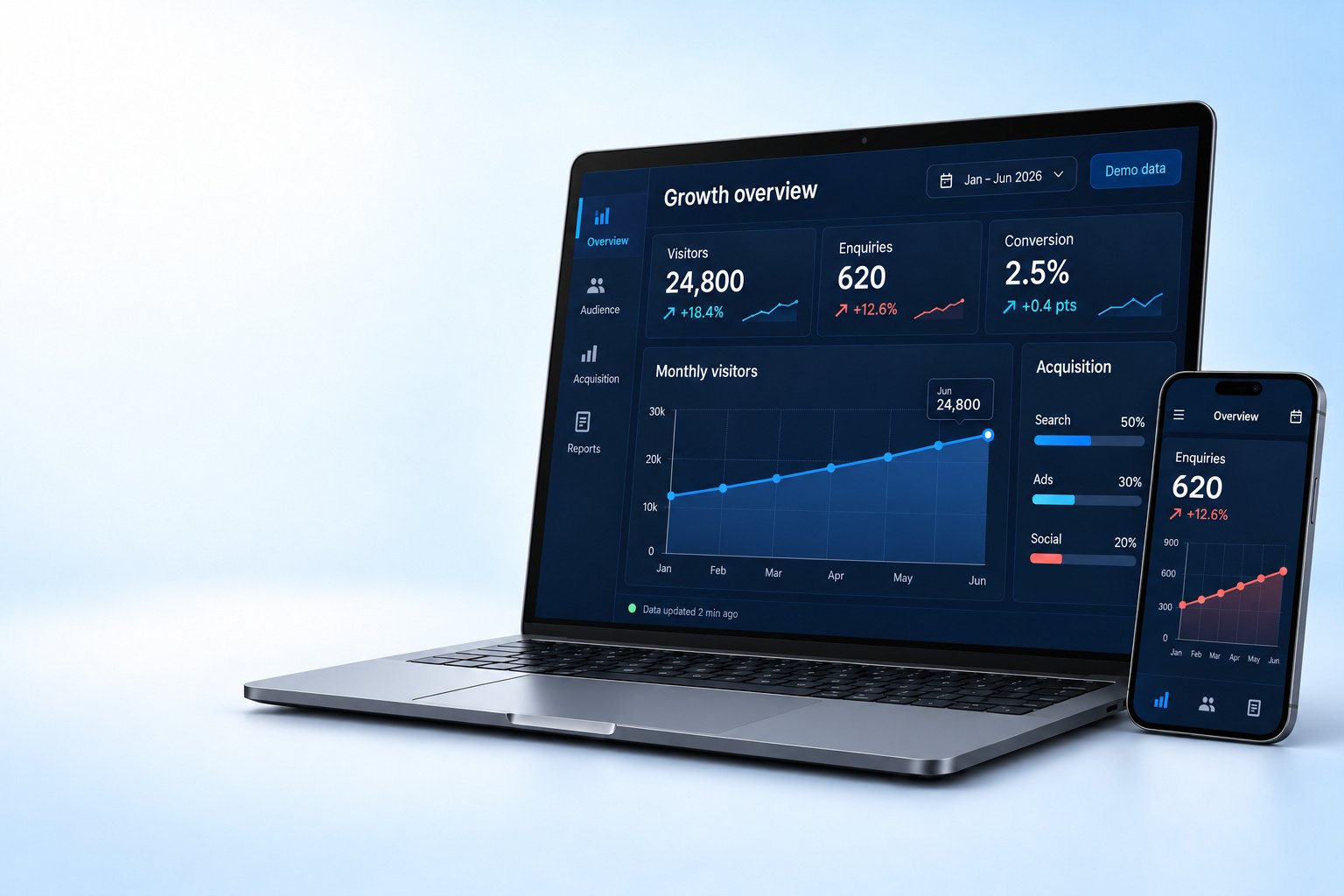 Illustration of a laptop and phone showing a demo website growth dashboard