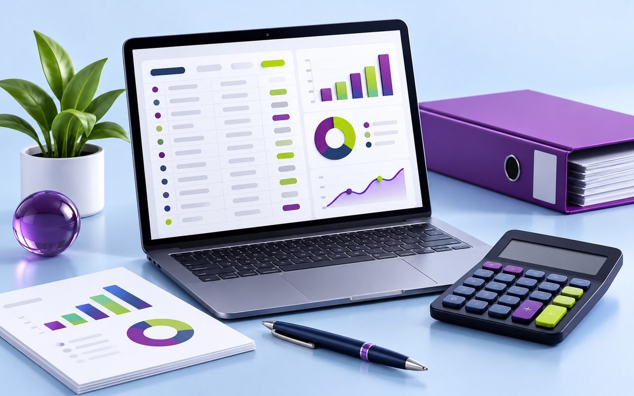 A laptop with financial charts beside a calculator, ring binder and notepad
