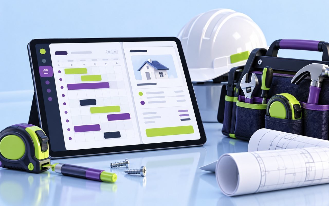 A tablet showing a job schedule beside a hard hat, tool bag, tape measure and plans