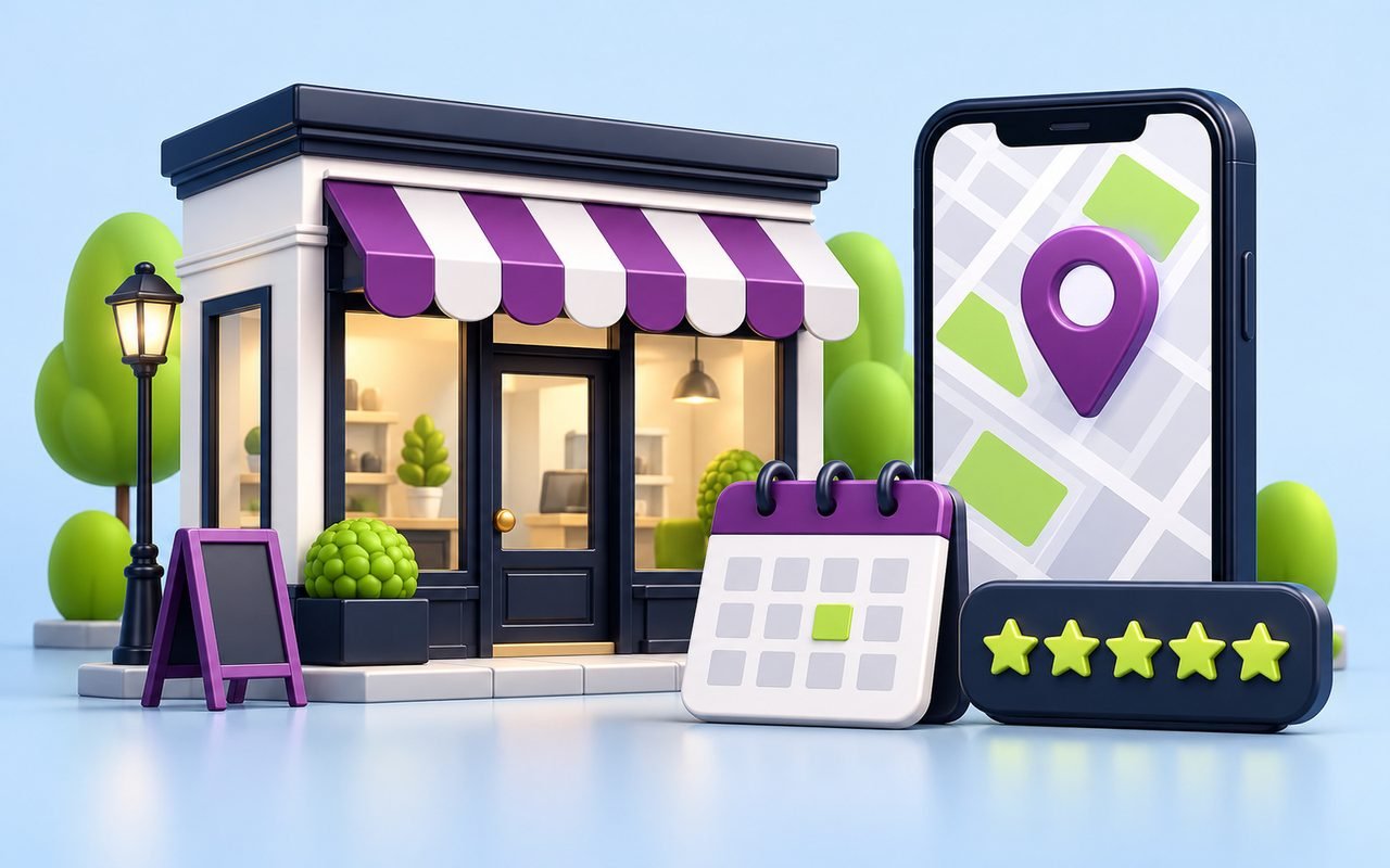 A shop front beside a phone showing a map pin, a booking calendar and a five-star rating