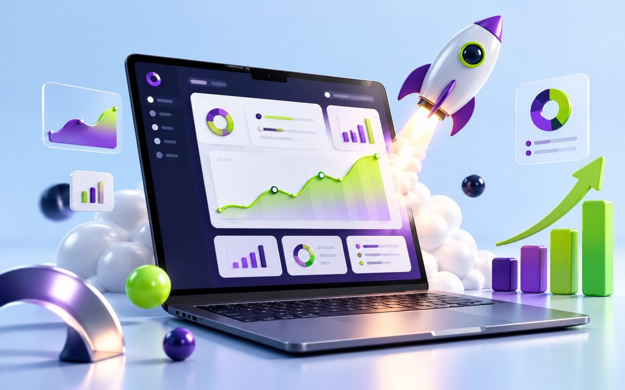 A laptop with a growth dashboard and a rocket launching beside rising bars