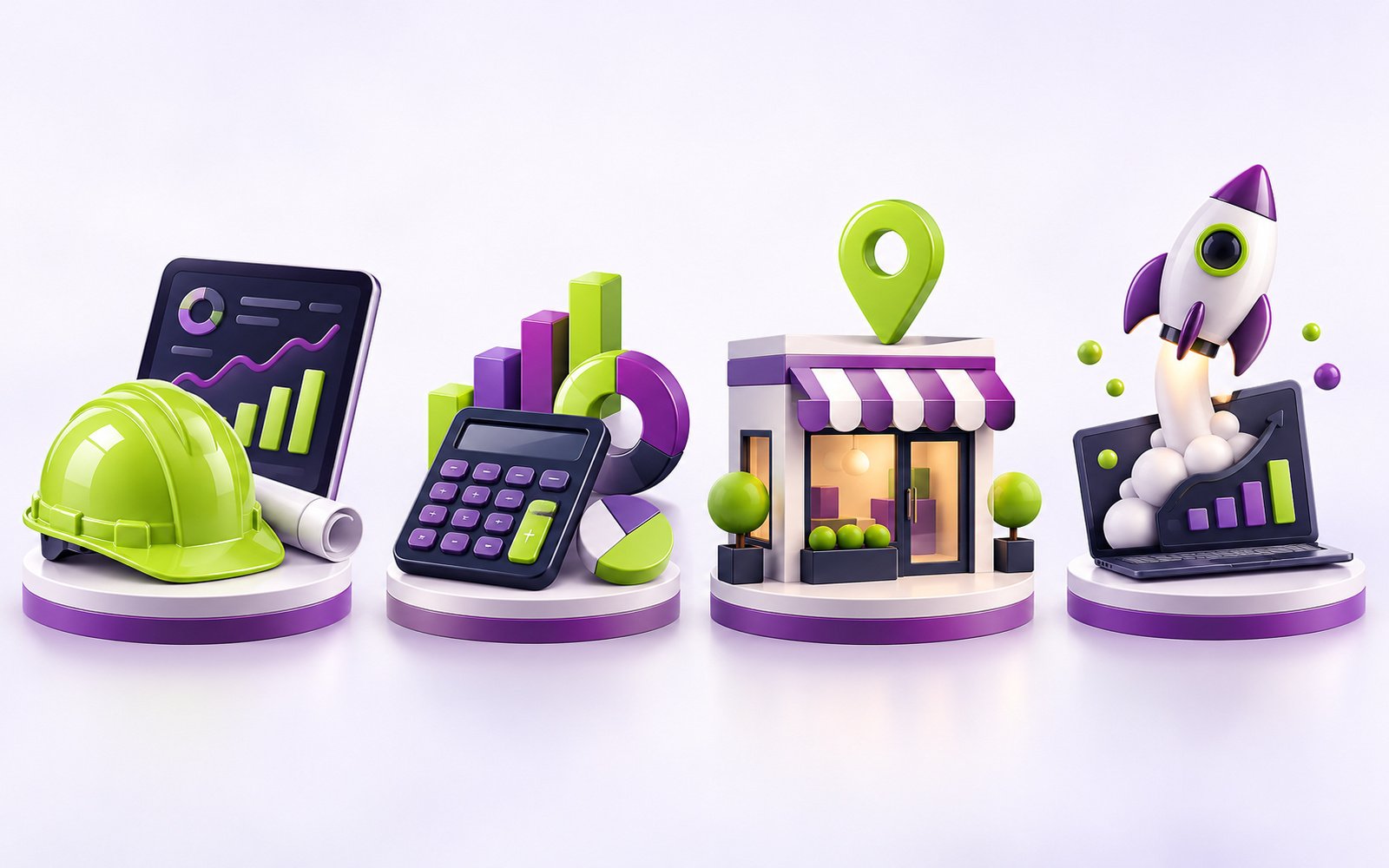 Four miniature scenes for installers, accountancy, local business and startups