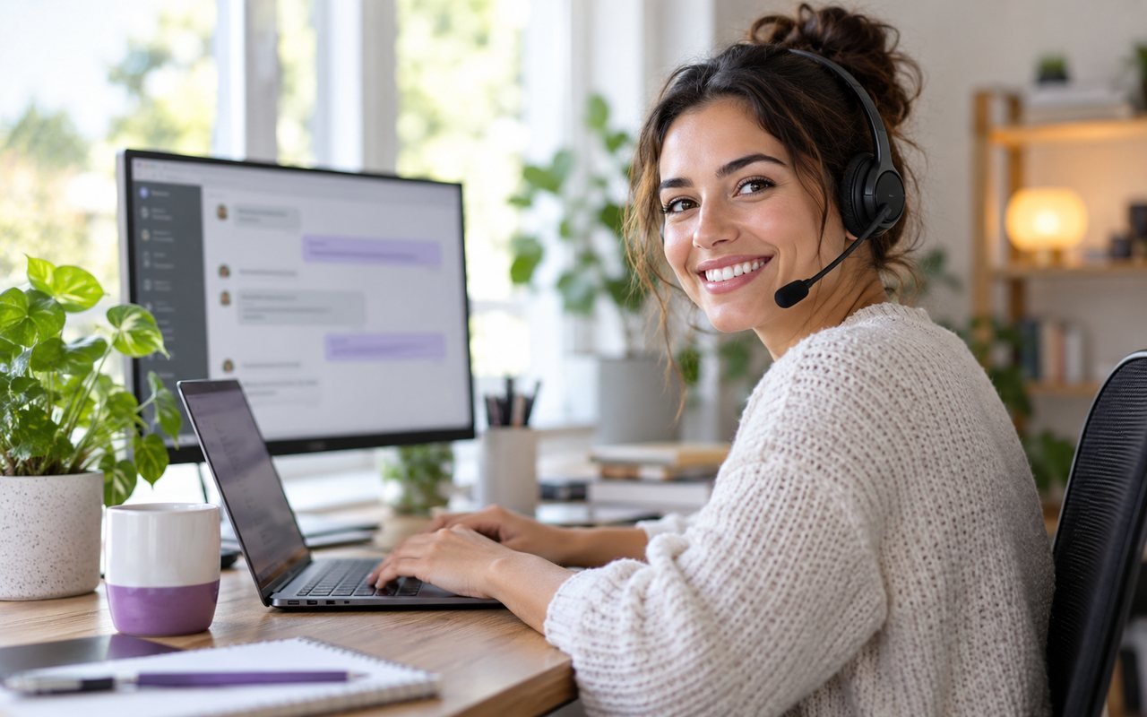 A smiling support agent with a headset at a desk with a laptop and a chat window