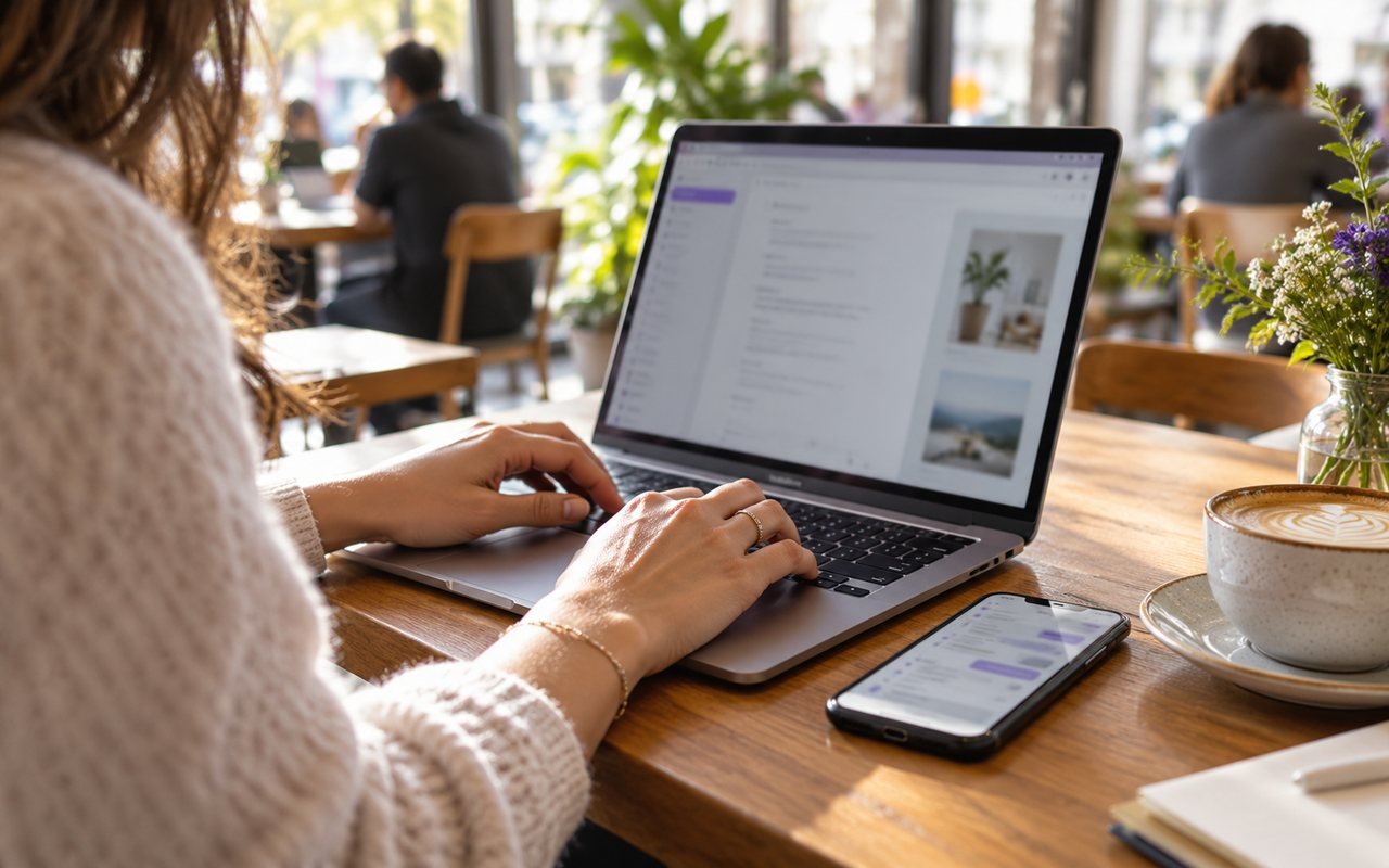 A person typing on a laptop in a cafe with a phone showing a chat beside it