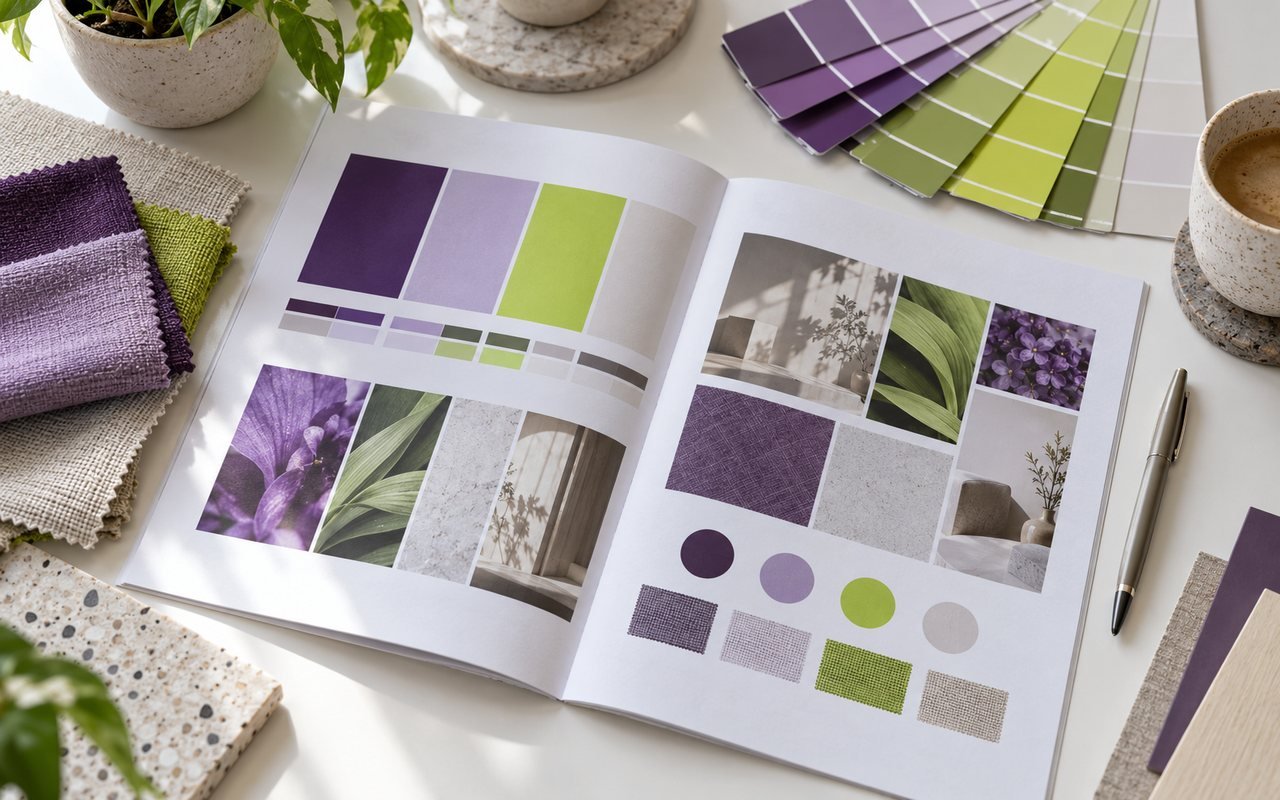 A printed brand guide with colour swatches, a paint fan and a pen on a white desk