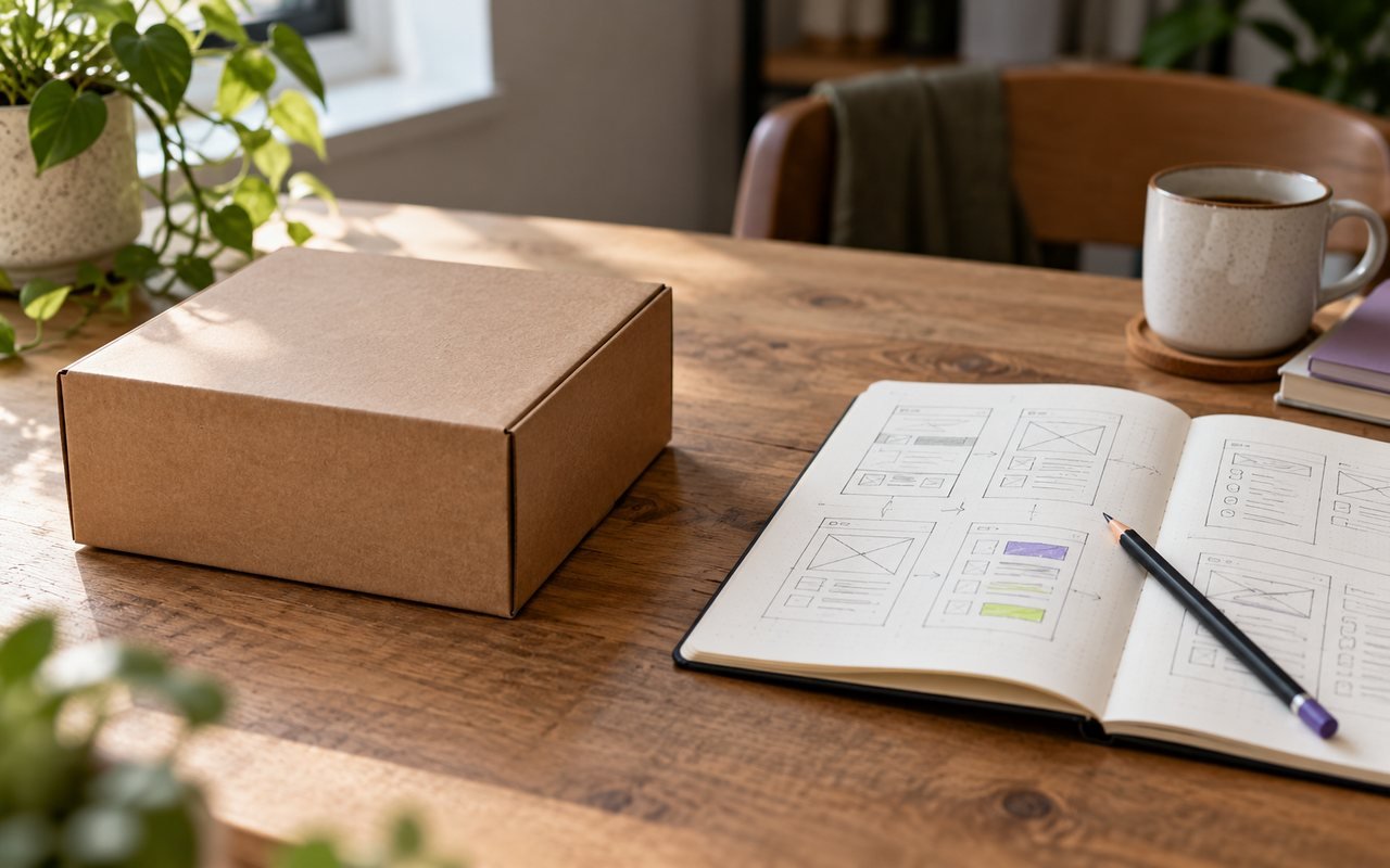 A sealed cardboard box beside an open sketchbook of hand-drawn wireframes