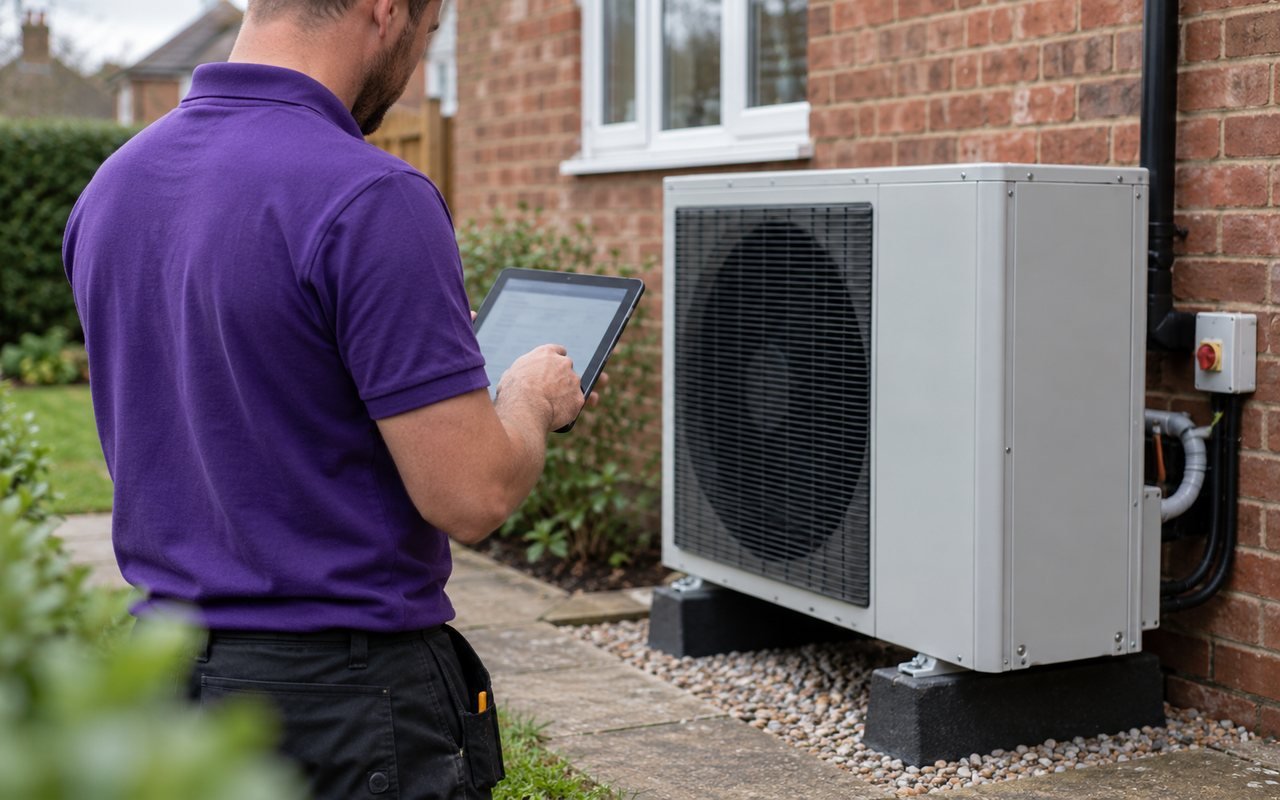 An installer in a purple polo shirt checking a tablet beside a heat pump on a brick house