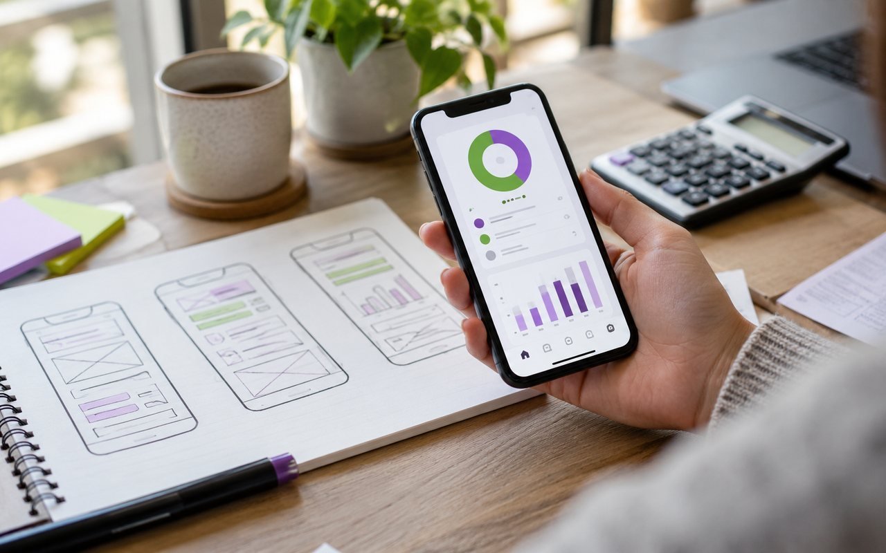 A hand holding a phone showing an app screen beside app sketches and a calculator