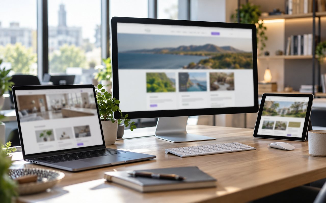 A desk with a monitor, a laptop and a tablet each showing a different website