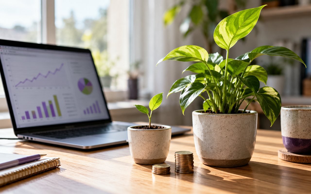 A seedling and a tall plant beside a laptop with charts and a few coins