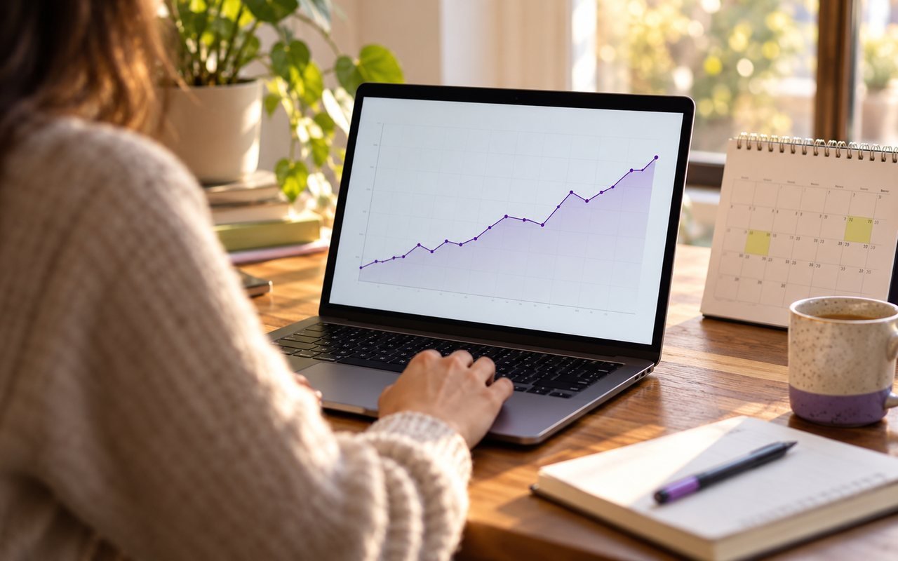 A person reviewing a rising line chart on a laptop beside a desk calendar