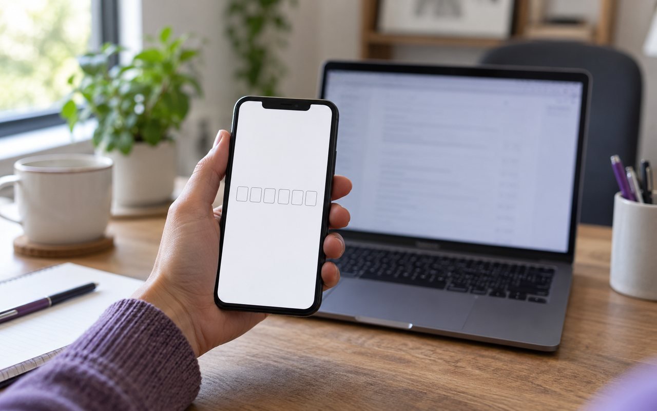 A hand holding a phone with six empty code boxes in front of an open laptop