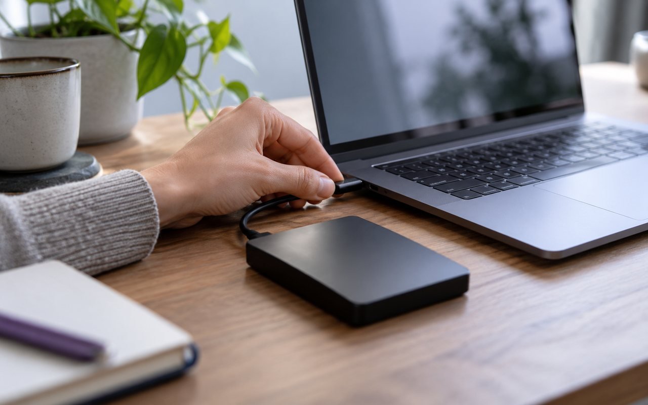 A portable hard drive being connected to a laptop on a tidy desk