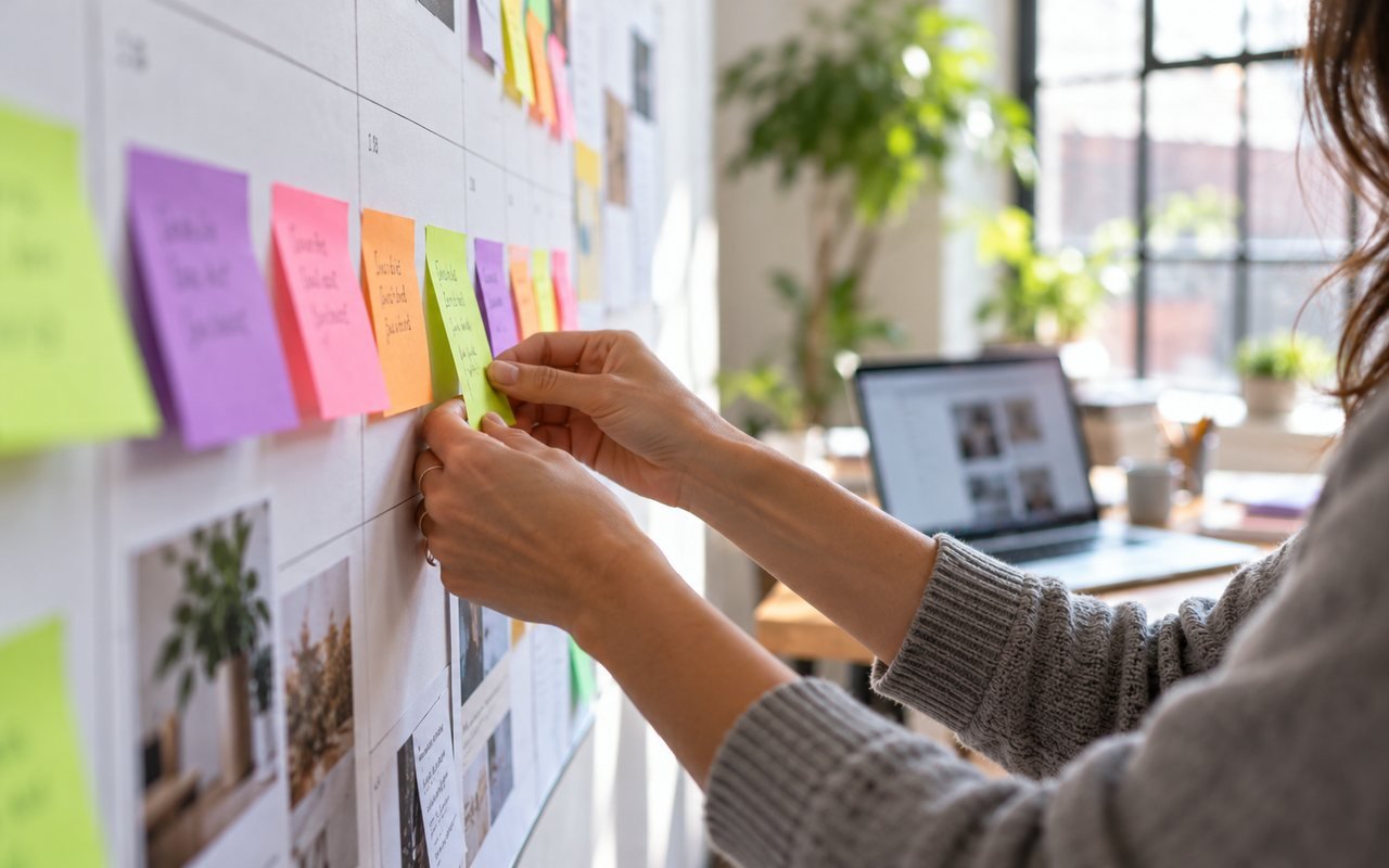 Hands placing sticky notes on a wall planner in a bright studio