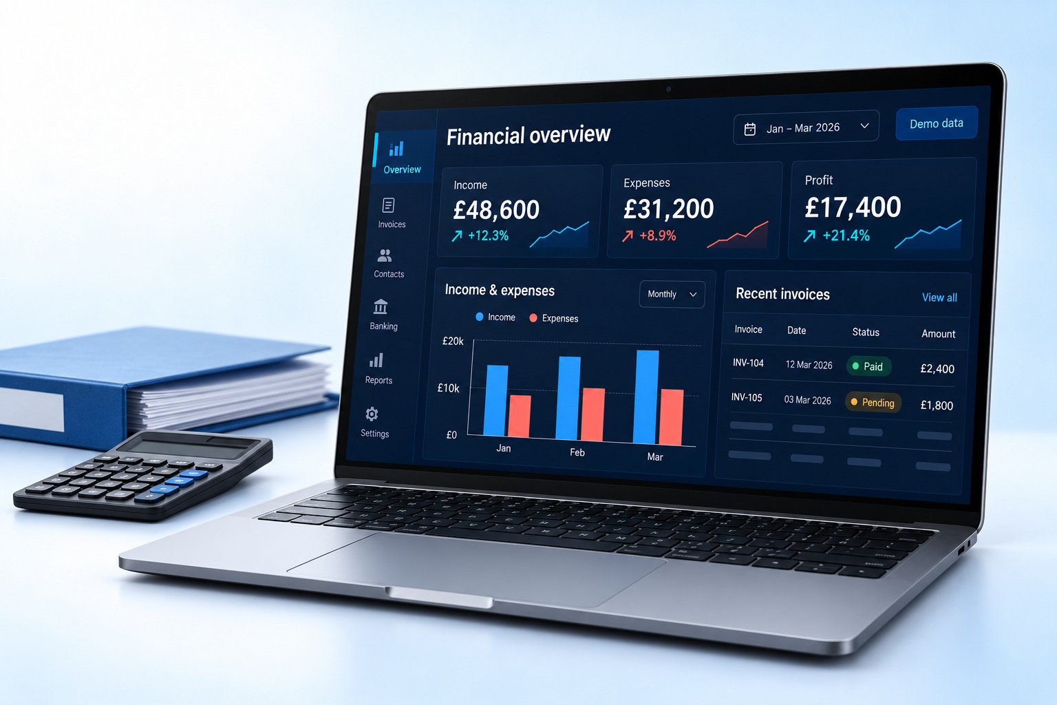Concept illustration of an accountancy dashboard with income and invoices (demo data)