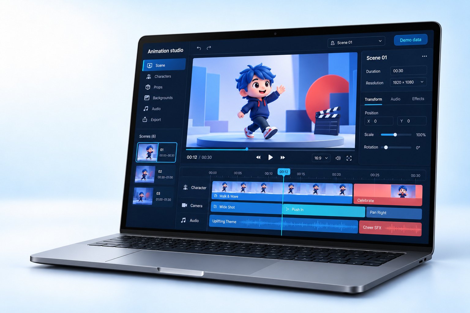 Animation tool interface displayed on a laptop screen with timeline and editing controls