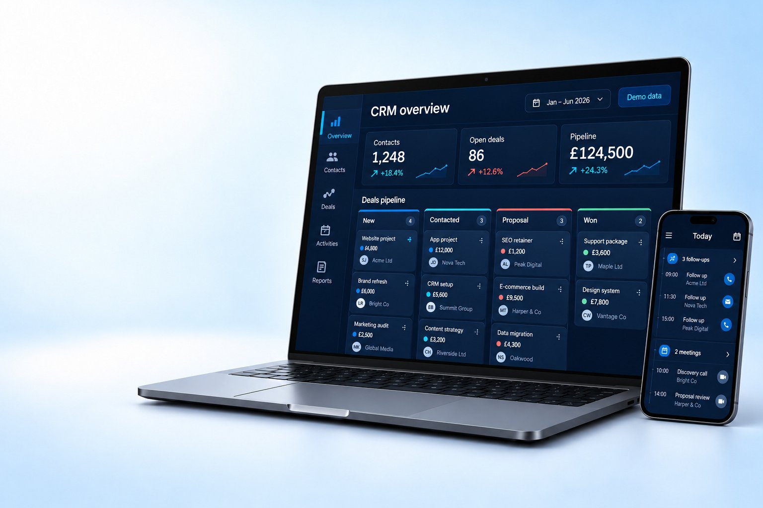 CRM for installers software interface displayed on open laptop and mobile smartphone screen