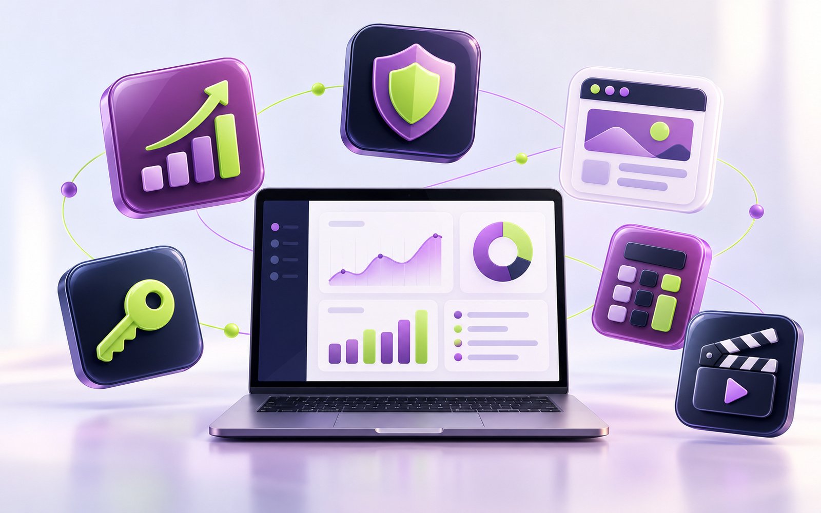 Business software products dashboard on laptop surrounded by feature icons including security, analytics, and key