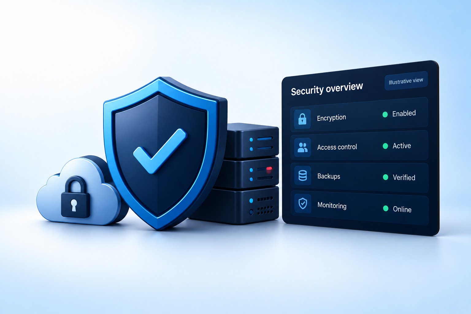 Website security and data handling dashboard with security shield, cloud padlock, and server database