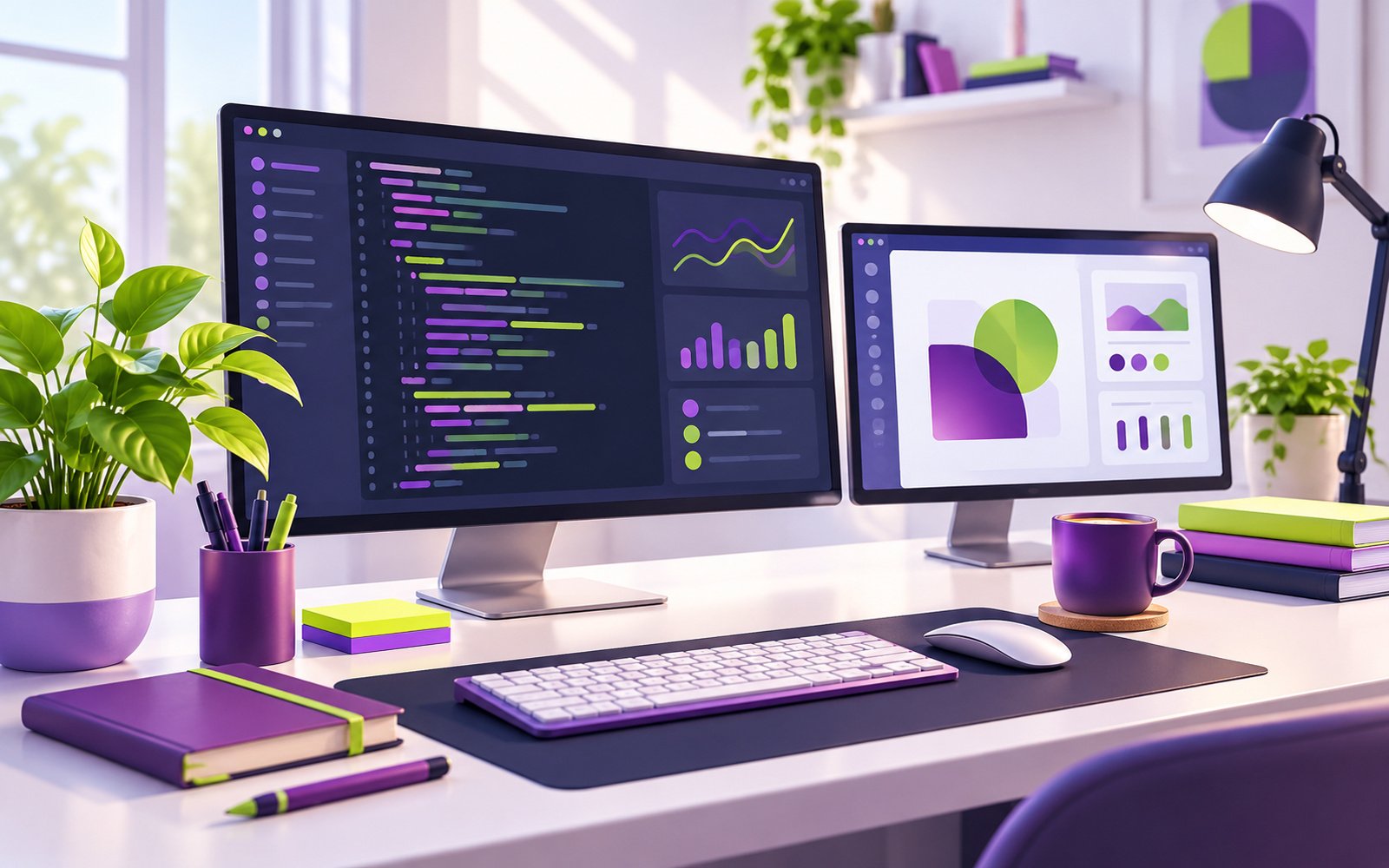 A bright studio desk with a code editor, a design screen, sticky notes and a coffee mug